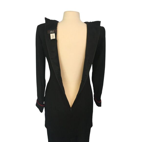 JSJ Petites Vintage 80s Black White Rayon Mod Peplum Dress 4, 34 bust Red Piping - Picture 8 of 9